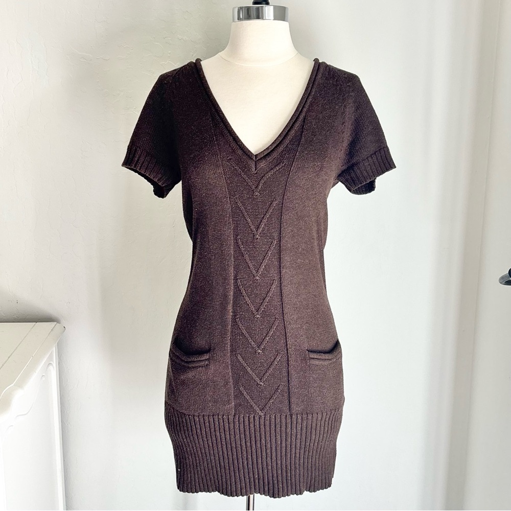 Dark Brown Cotton Mixed Knit Vneck Pocket Front Short Sleeve Sweater Dress, S